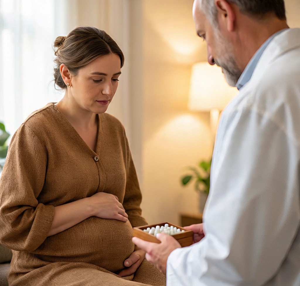 A pregnant woman is sitting next to a homeopathic doctor. Homeopathic drops are also kept nearby.